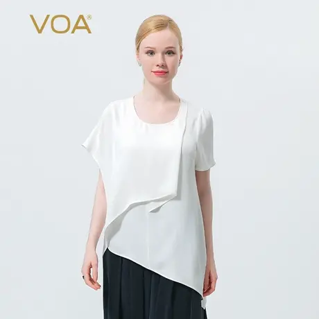 VOA40姆米真丝重磅白色圆领短袖不对称立体活页拼接透气桑蚕丝T恤图片