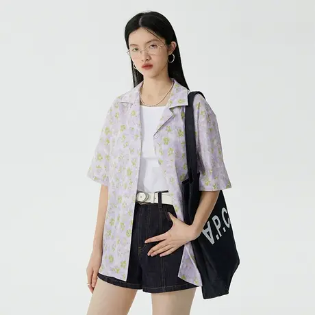 omont蛋挞家 古巴领短袖碎花衬衫女夏季新款复古设计感衬衣上衣图片