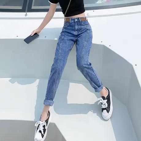 小个子牛仔裤女春秋季2023新款直筒宽松高腰显瘦八分哈伦萝卜裤子图片