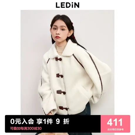 [预]乐町撞边设计羊羔毛复合宽松短外套2023年秋冬新款牛角扣外套图片