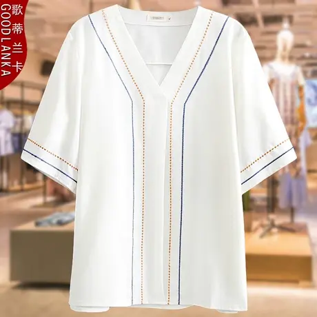 中年胖妈妈夏装T恤上衣200斤大码宽松洋气妈妈V领条纹短袖雪纺衫商品大图