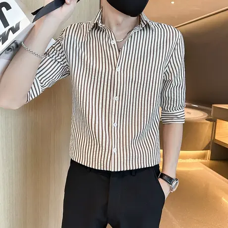 短袖衬衫男夏季新款时尚条纹韩版时尚小众设计感潮男休闲中袖衬衣商品大图