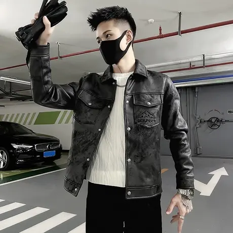 2023秋季新款翻领夹克潮流韩版修身痞帅个性小众INS短款机车外套图片