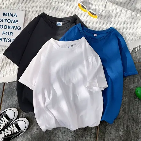 港风纯色t恤男潮牌短袖宽松潮流ins纯棉半袖百搭男女情侣装上衣服商品大图