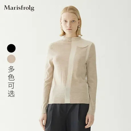 【言选好物】玛丝菲尔羊绒秋季新款拼色长袖薄款毛针织衫毛衣商品大图