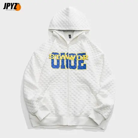 华夫格开衫卫衣男连帽宽松拉链白色外套秋冬男女情侣休闲百搭潮商品大图