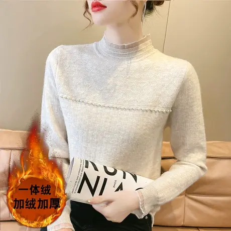 一体绒加厚钉珠打底衫秋冬女上衣2023新款半高领内搭加绒针织毛衣商品大图