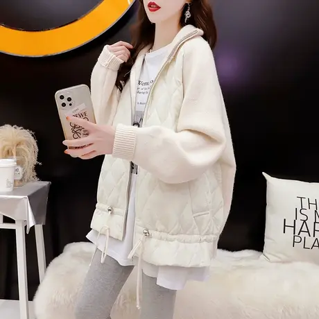 设计感拼接毛衣开衫女2023年新款秋季宽松慵懒风短款加厚针织外套商品大图