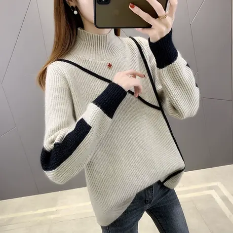 半高领毛衣女加厚打底衫2023秋冬新款宽松慵懒风针织衫内搭上衣潮商品大图