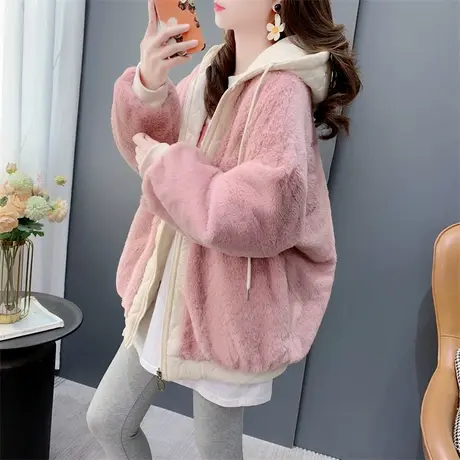 粉色羊羔毛绒连帽外套女2023年秋冬新款时尚宽松洋气加绒加厚上衣商品大图