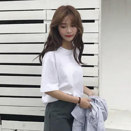 春夏装韩版百搭纯色短袖T恤女宽松白色体恤打底衫学生圆领上衣服商品大图