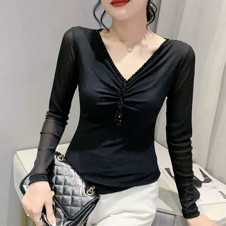 加绒网纱T恤女长袖欧货百搭洋气性感V领打底衫时尚钉珠紧身上衣潮商品大图