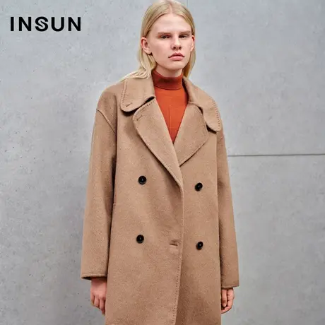 INSUN恩裳专选冬季桑蚕丝羊毛大衣骆驼绒商品大图