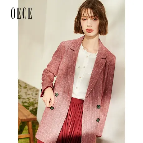 Oece秋冬新款 复古英伦翻领双排扣西装中长款毛呢外套图片