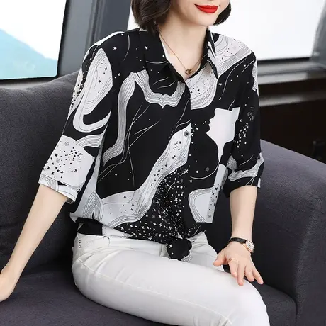 印花雪纺衬衫女时尚洋气短袖2023年夏季新款宽松空调衫薄款女小衫商品大图