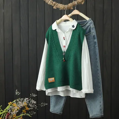 2022年秋季新款V领套头针织马甲背心女宽松毛衣坎肩无袖外穿上衣商品大图