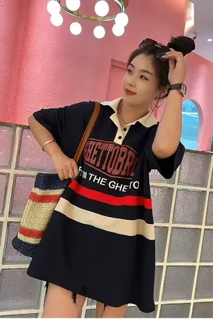 POLO领字母条纹短袖体恤女2023夏季新款宽松显瘦中长款休闲上衣女商品大图