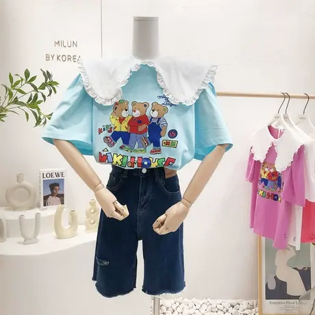 韩国东大门甜美上衣2022夏季新款ins俏皮熊小众设计感泡泡袖T恤潮图片