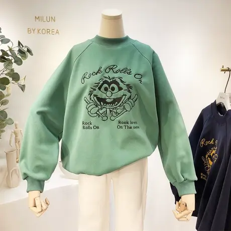 半高领卫衣女秋冬韩国东大门新款搞怪趣味刺绣加绒加厚卫衣宽松女商品大图