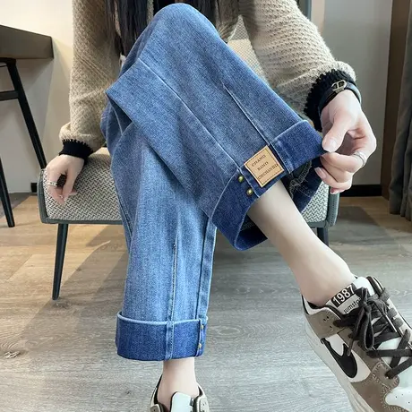 九分牛仔裤女春秋2023年新款宽松高腰显瘦小个子卷边拼接阔腿裤潮商品大图