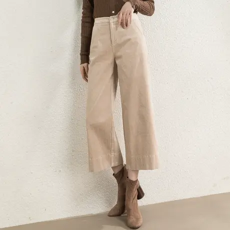 灯芯绒阔腿裤女秋冬小个子九分裤米色条绒裤子大码宽松八分直筒裤图片