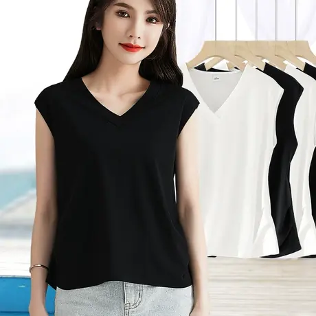 宽松v领背心t恤女夏外穿大码坎袖内搭宽肩带无袖上衣打底衫棉质薄图片