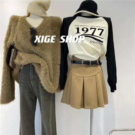 仿貂绒V领套头毛衣女秋冬22新款高级感宽松厚实卡其毛毛针织线衫商品大图