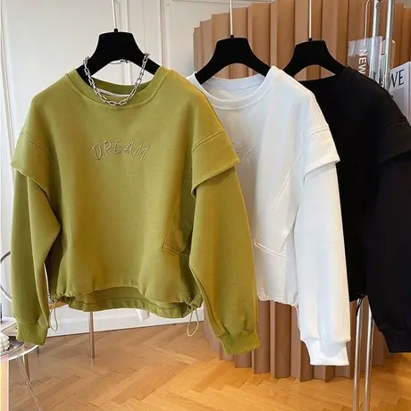 拼接设计感小众圆领卫衣女春秋冬季宽松显瘦百搭薄款假两件上衣潮商品大图