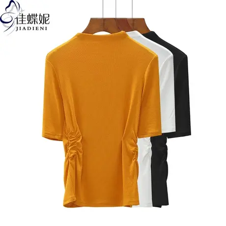 春秋季新款韩版纯棉修身显瘦半高领褶皱中袖体恤上衣内搭女打底衫商品大图