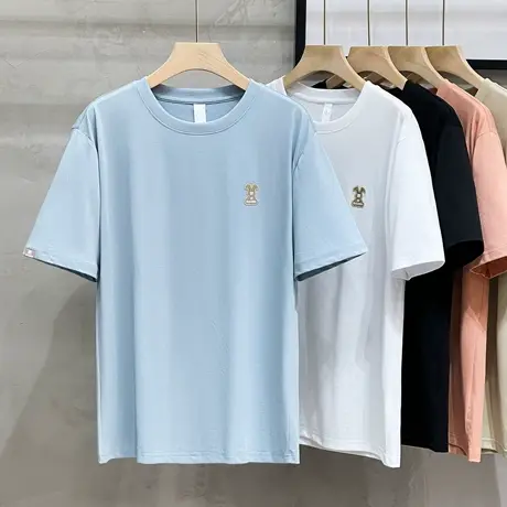 凉感冰丝棉男士短袖T恤欧美简约小兔刺绣半袖夏季宽松体恤打底衫商品大图