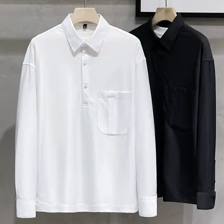 轻熟韩风男士翻领长袖衬衫 男装春装简约纯色卫衣半开襟套头衬衣图片