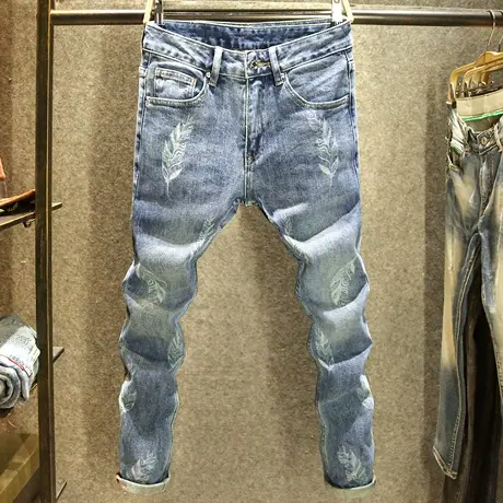 潮牌烫印牛仔裤男修身小脚弹力长裤高端树叶图案印花秋冬款长裤子商品大图