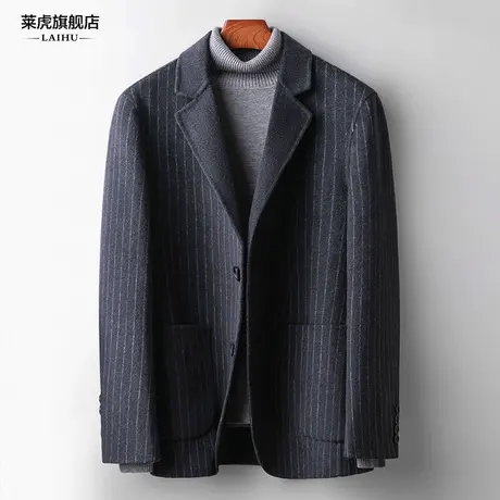 秋冬季双面呢子休闲西装男士无羊绒西服修身条纹羊毛呢外套男短款商品大图