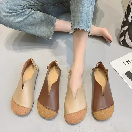 文艺范复古女鞋牛筋平底单鞋春夏新款软皮森女豆豆鞋一脚蹬懒人鞋商品大图