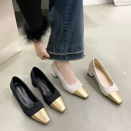 2024年春季新款法式小香风方头单鞋女气质时尚拼色浅口高跟鞋女夏图片
