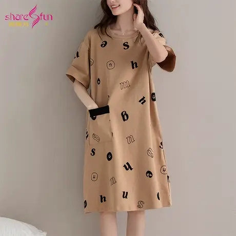 sharefun/霞黛芳【气质睡裙】简约纯棉短袖大口袋夏可外穿家居服商品大图