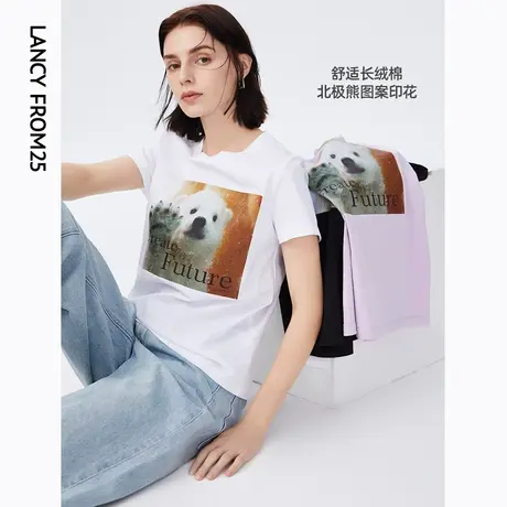 朗姿活力爱宠印花白色圆领短袖T恤女夏新款法式内搭简约上衣女装图片