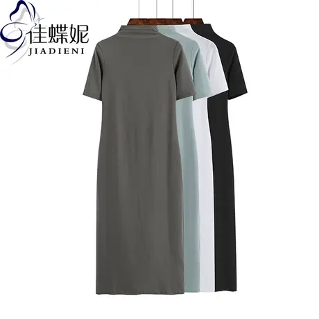 夏季新款韩版半高领压线修身显瘦纯色加长款中袖连衣裙内搭女装商品大图