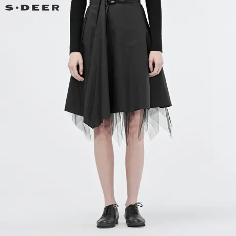 sdeer圣迪奥2019春装新款腰带设计不对称网纱拼接半身裙S19181116🌏图片