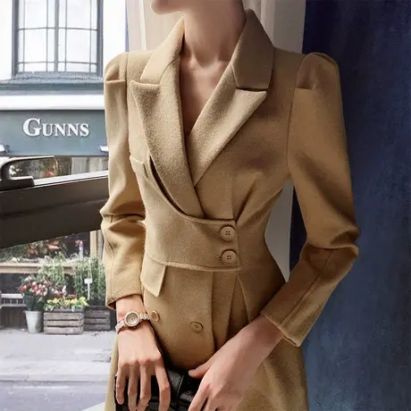 粉红大布娃娃毛呢大衣女冬季设计感西装领不规则呢子外套商品大图