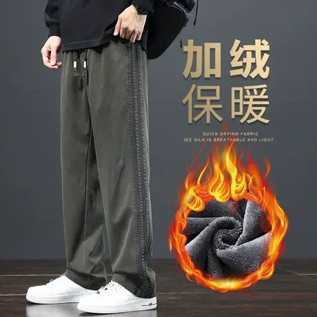 军绿色加绒加厚休闲裤子冬季2024新款男士抗寒垂感阔腿工装秋冬款商品大图