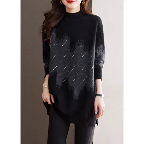 2024春季新款半高领毛衣慵懒风大码胖mm宽松上衣黑色烫钻针织衫潮图片