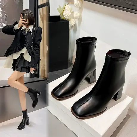 高跟短靴女2024年新款秋冬时装靴粗跟方头后拉链马丁靴中筒瘦瘦靴图片