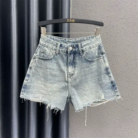 欧货毛边设计感牛仔短裤女24春夏新款高腰显瘦百搭a字阔腿裤热裤图片