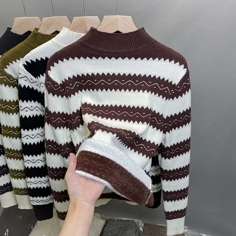 一体绒半高领毛衣女加绒厚打底衫2023秋冬新款条纹针织衫内搭上衣商品大图