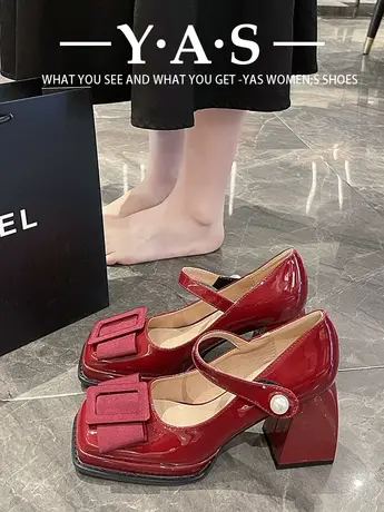 红色高跟鞋婚鞋防水台厚底小个子搭配敬酒服新款蝴蝶结粗跟单鞋图片