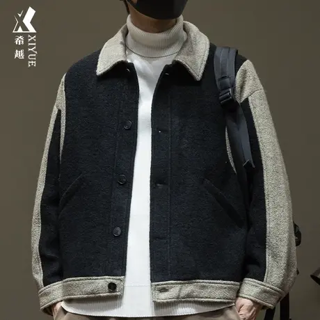 希越拼接撞色绵羊毛外套男冬季新款宽松大码男士毛呢翻领夹克棉衣商品大图