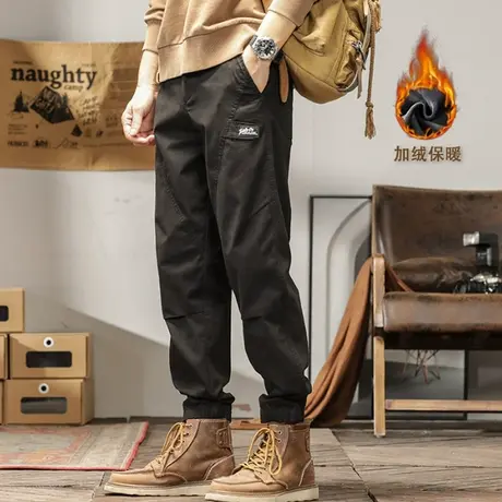 潮牌束脚休闲长裤男秋冬季新款水洗美式复古弹力加绒休闲工装裤男图片