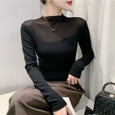 2024春秋新款T恤网纱拼接镂空时尚气质上衣女修身内塔长袖打底衫商品大图