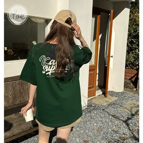 yoe23夏装墨绿色t恤女oversize美式复古潮牌情侣小众纯棉短袖上衣图片